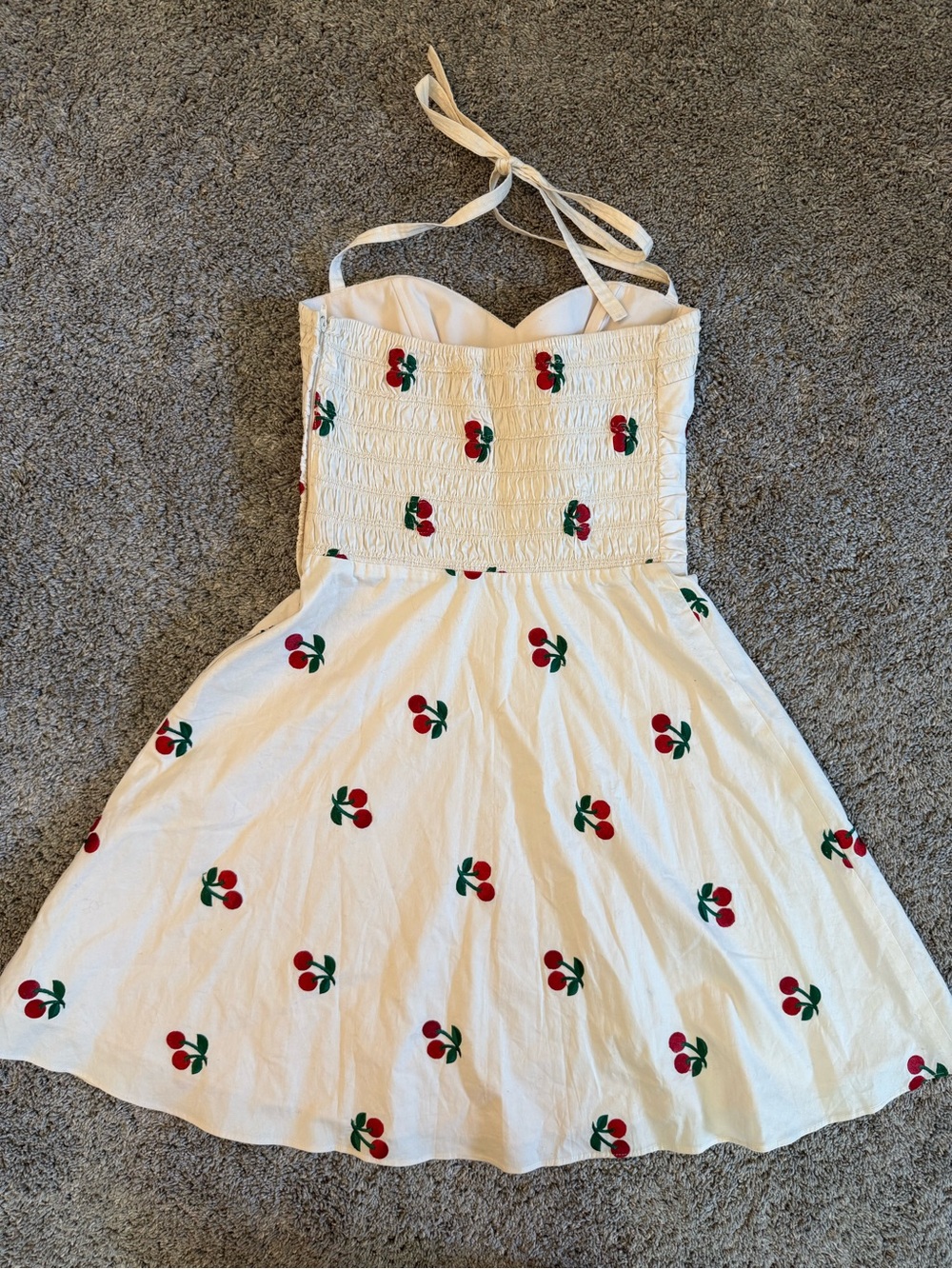 Betsey Johnson Cream Halter Sundress with Red Cherry Print Pinup Vintage Y2K - Picture 2 of 5